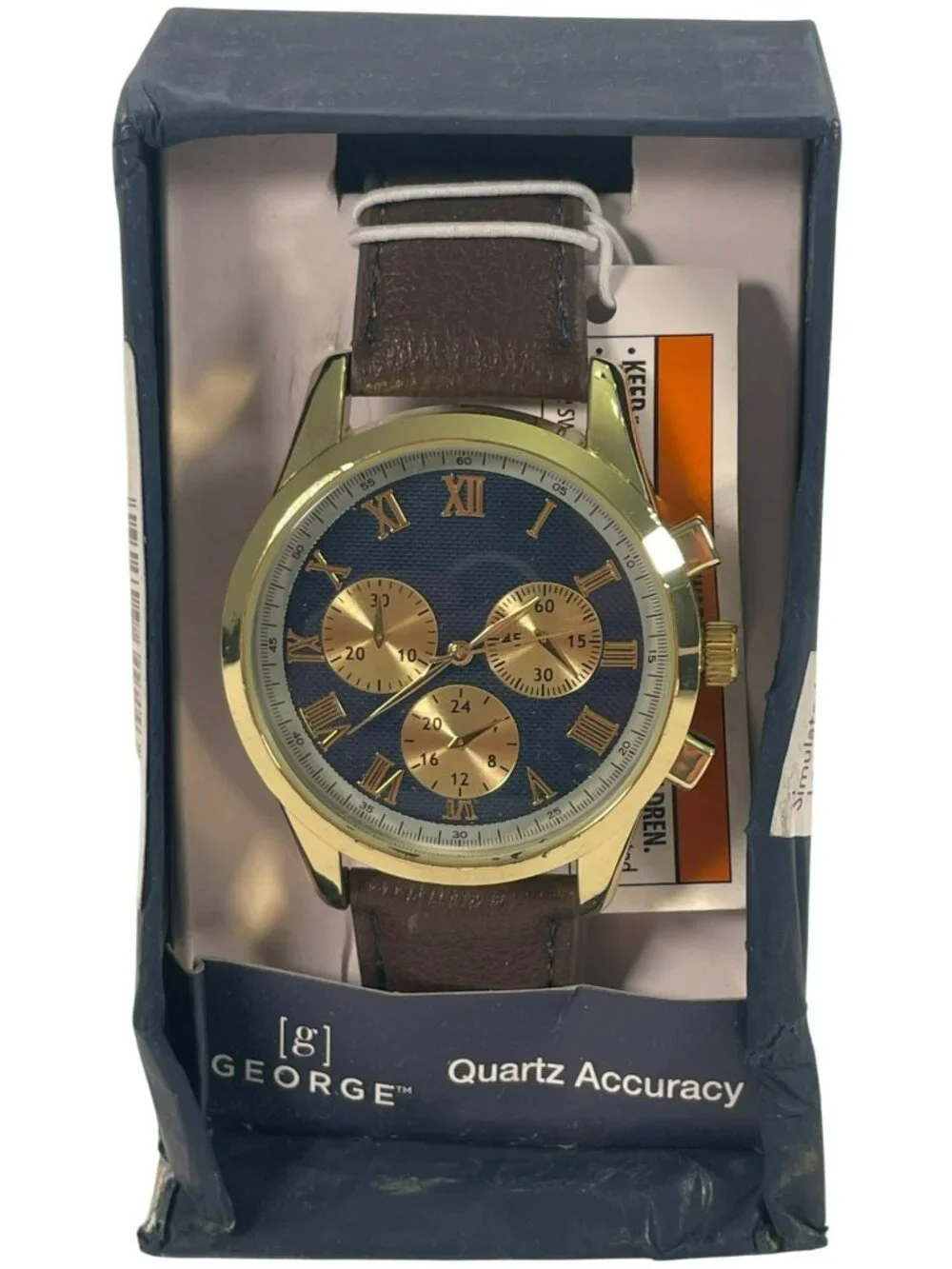 George Quartz Chronograph Watch Gold-Tone Case Brown Blue & Gold Dial Men's NEW